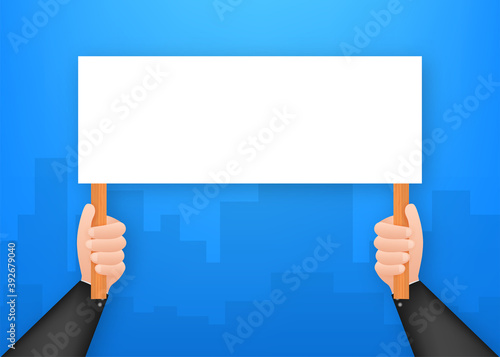 Cartoon poster with hand holding placard for banner design. Banner, Billboard design. Vector stock illustration.