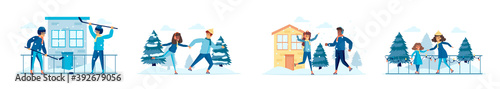 Hockey and skating sports activities bundle of scenes with people characters. Happy people play hockey and skating on ice rink situations. Wintertime holidays vacation cartoon vector illustration.
