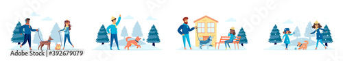 Dog walkers bundle of scenes with people characters. Happy people walking and playing with dogs in winter park situations. Wintertime holidays vacation and activities cartoon vector illustration.