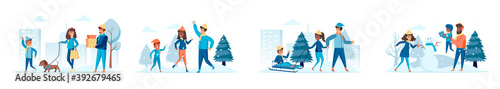 Family in winter park bundle of scenes with flat people characters. Parents with kids making snowman, snow sledding and walking dog situations. Wintertime holidays vacation cartoon vector illustration