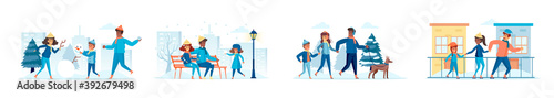 Family in winter park bundle of scenes with flat people characters. Parents with kids making snowman, snow sledding and walking dog situations. Wintertime holidays vacation cartoon vector illustration