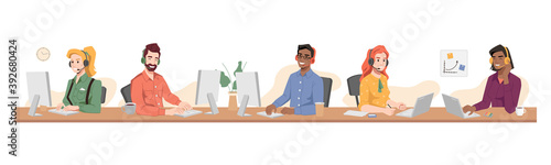 Online customer service, support center workers sitting at table with computers. Vector professional consultants communicating with clients in headset at helpdesks. Operators, assistant at helpline