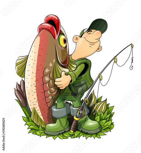 Fisherman with fish and rod. Fishing, Isolated on white background. Eps10 vector illustration.