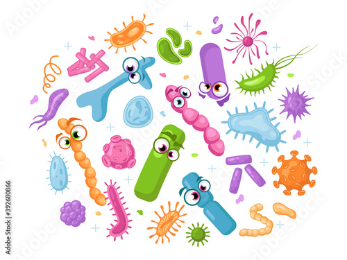 Funny characters probiotics among viruses and bacteria isolated set. Vector bacterium microbes, microorganism infection cells. Flat cartoon bacillus, epidemic pandemic coronavirus germs, bad influenza