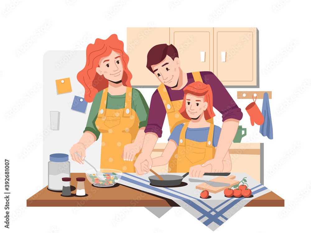 Parents showing how to cook to their daughter. Mom and dad with girl preparing food for lunch or dinner. Father helping kid to mix or stir. Mother making salad. Cartoon character, vector in flat style