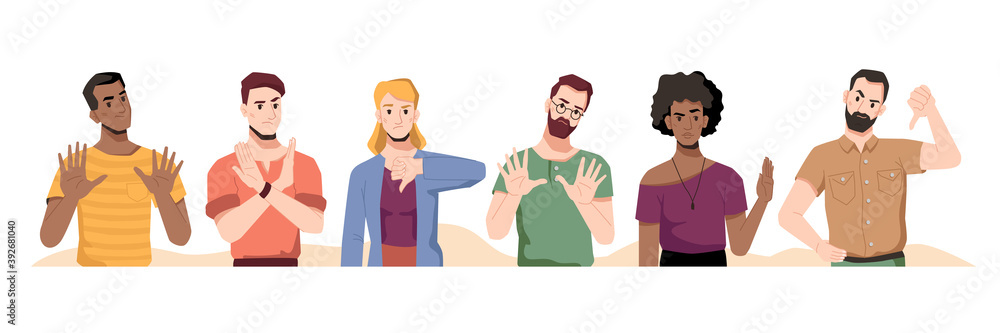 People showing refusal, denial or negative emotions with gestures. Men and women crossing hands, using stop sign and thumb down. Dislike or disapproval. Cartoon character, vector in flat style People showing refusal, denial or negative emotions with gestures. Men and women crossing hands, using stop sign and thumb down. Dislike or disapproval. Cartoon character, vector in flat style