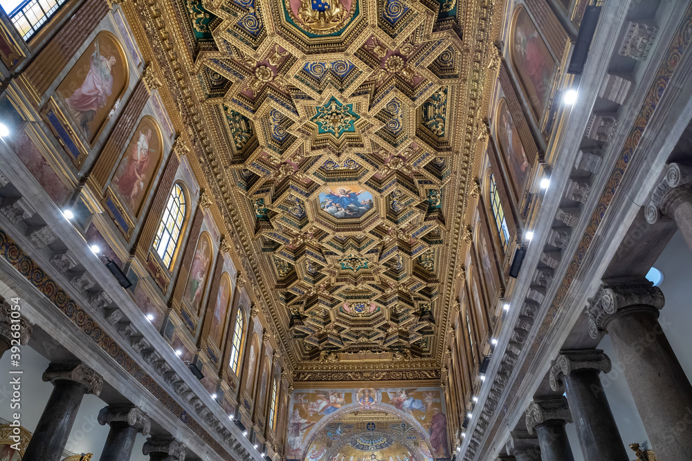 Panoramic view of interior of Basilica of Santa Maria in Trastevere