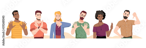People showing refusal, denial or negative emotions with gestures. Men and women crossing hands, using stop sign and thumb down. Dislike or disapproval. Cartoon character, vector in flat style