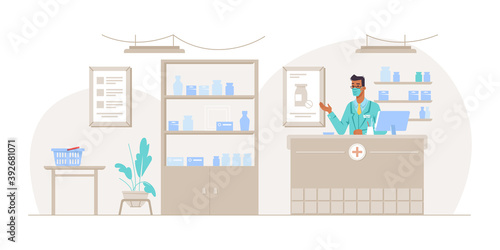 Pharmacist working in pharmacy shop standing by counter. Interior of drug store with shelves full of medicine and pills. Male seller selling tablets and prescribed products. Vector in flat style