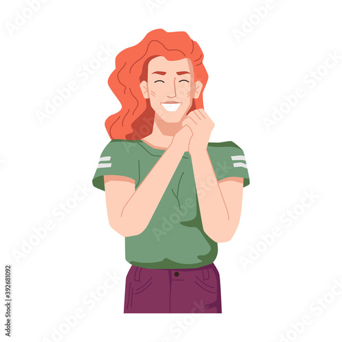 Woman with red hair smiling and expressing joy clenching hands. Isolated happy redhead girl with closed eyes. Victory or pleasant news. Positive personage. Cartoon character, vector in flat style