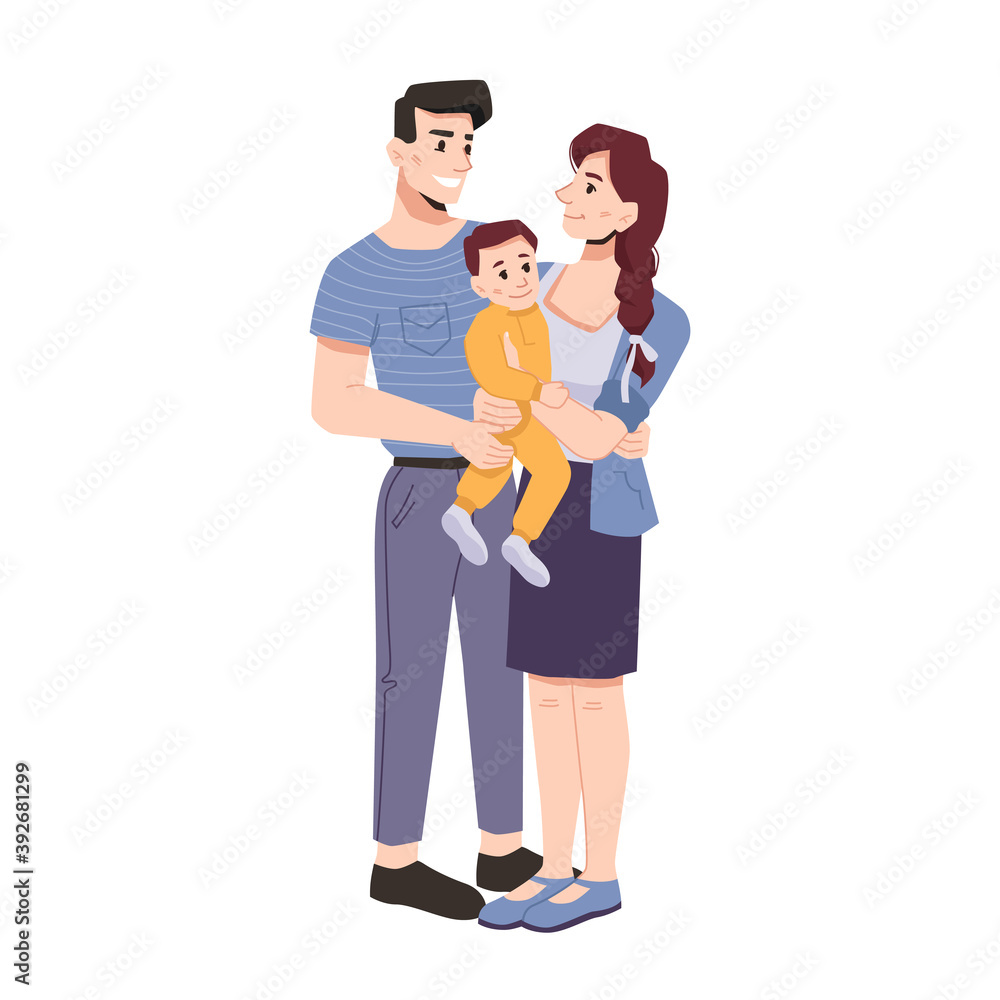 Parents and kid, happy young family consisting of dad, mom and toddler. Isolated youth with baby on hands. Parenthood and childhood, married couple with infant. Cartoon character, vector in flat style