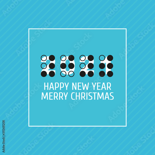 Merry Christmas and Happy New Year square banner. The symbol of the year 2021 is written in a font for visually impaired people. Vector, illustration