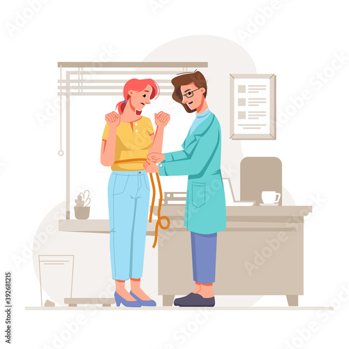 Shocked overweight girl measuring waist at nutritionist office. Help of professional dietologist to lose weight. Healthy eating and care for balanced nutrition. Cartoon character, vector in flat style