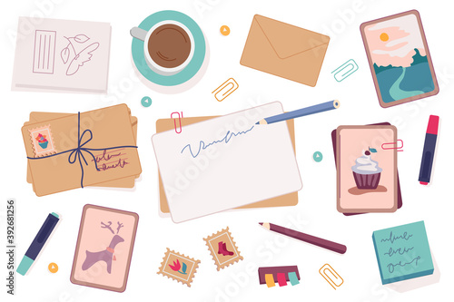 Writers set of postcards and envelopes, decorative pencils and pens for writing. Coffee or tea in cup, clips and antique postmarks. Composing letters and adorning for holidays, vector in flat