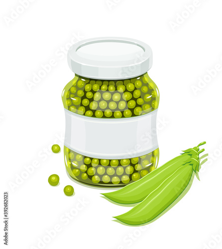 Glass jar with greeen peas and pods. Natural food for safekeeping. Isolated white background. Illustration.