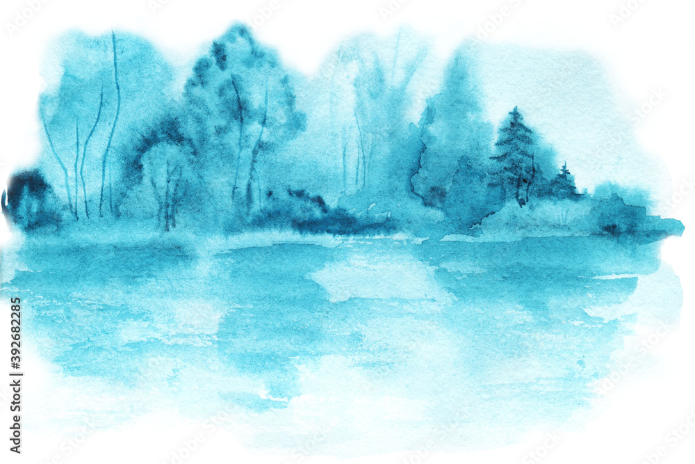 Landscape with trees, forest, lake, river. Hand drawn watercolor illustration. Monochrome, turquoise color Outdoors nature