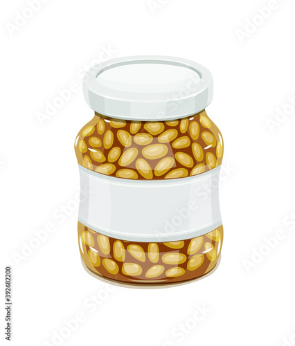 Glass jar with Bean. Haricot Natural food for safekeeping. Isolated white background. Illustration.