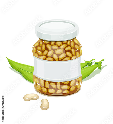 Glass jar with Bean and pods. Haricot Natural food for safekeeping. Isolated white background. Illustration.