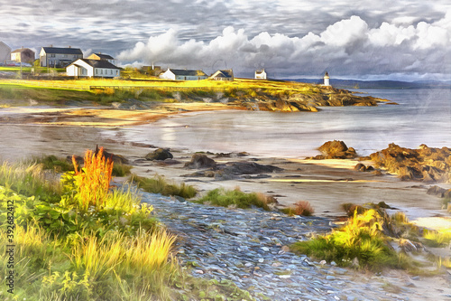Photography Sea coast with lighthouse colorful painting looks like picture