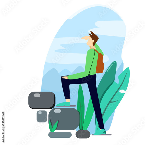 Male character travel outdoor, cartoon vector illustration. Man climbing stones, backpacker journey.