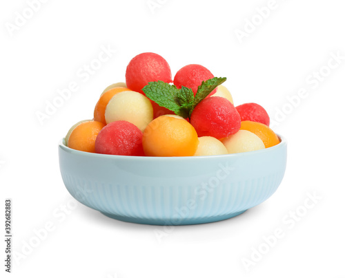 Melon balls and mint isolated on white