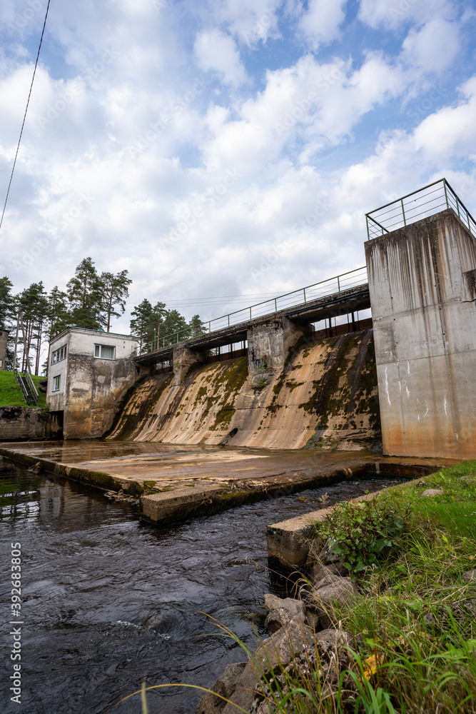 View of dam in forest, Estonia. Nature landscape. Summer.
