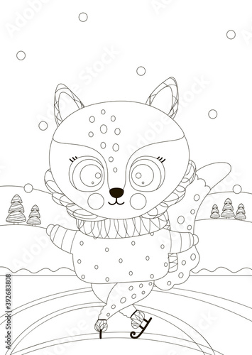 A black and white cute little fox is skating on ice in the forest. Outline Illustration for Happy New Year and Merry Christmas coloring book. Winter design. A4. Vector.