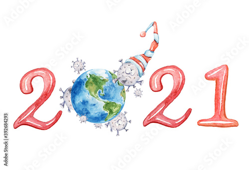 Christmas quarantine watercolor clipart with hand painted number 2020  2021. Coronavirus attacks Earth. Medical mask on planet Earth. Perfect for poster  print  greeting card  sticker  pattern