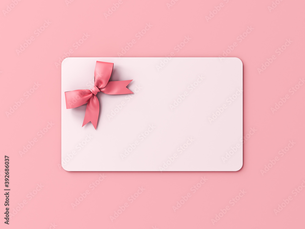 Blank white gift card with pink ribbon bow isolated on pink pastel ...