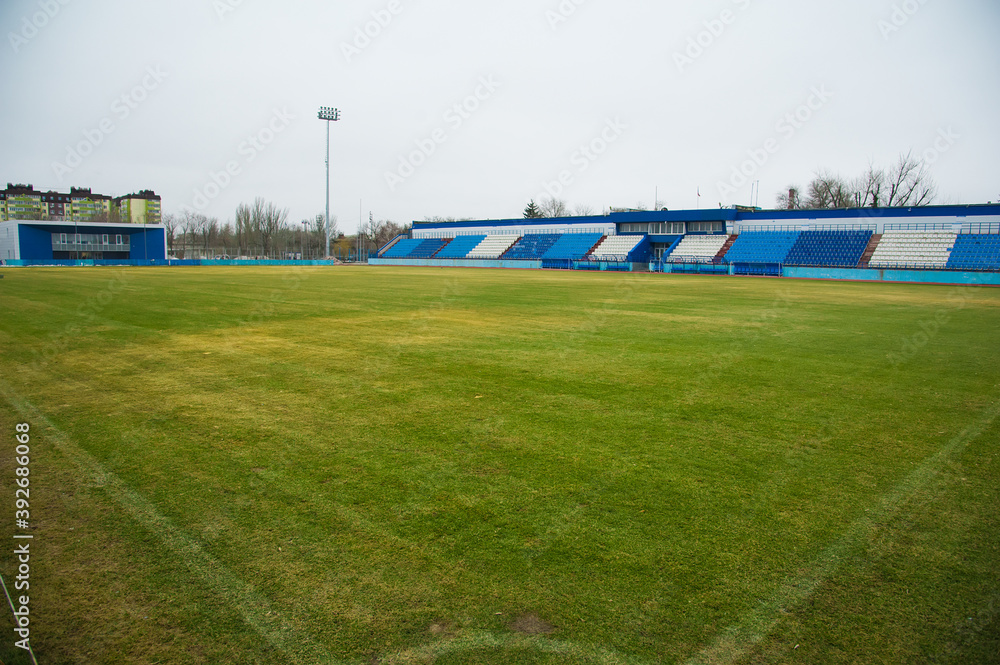 View of soccer field stadium and stadium seats