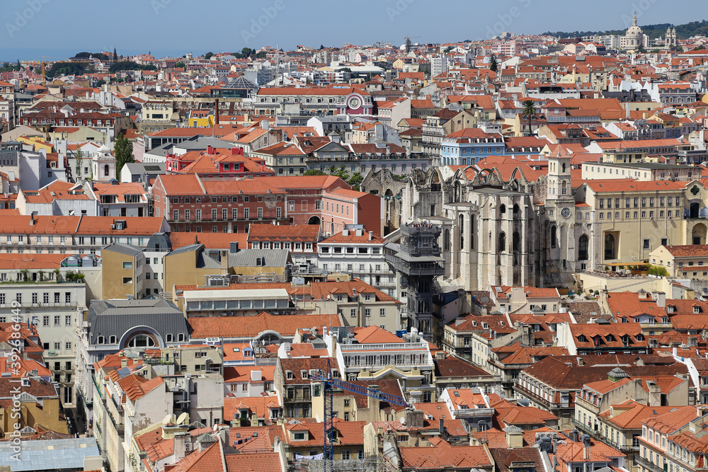 Aerial shot of the landscape of Lisbon, Portugal under a clear blue sky