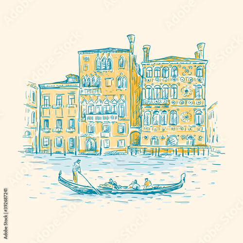Hand drawn romantic sketch vector illustration of Venice, Italy. Drawing of a canal, houses and gondola isolated on white. Tourism Concept. Vintage color design for print, postcard, poster