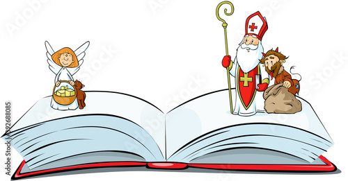 Book of sins is Open - Saint Nicholas, devil and angel   Standing Over - Vector