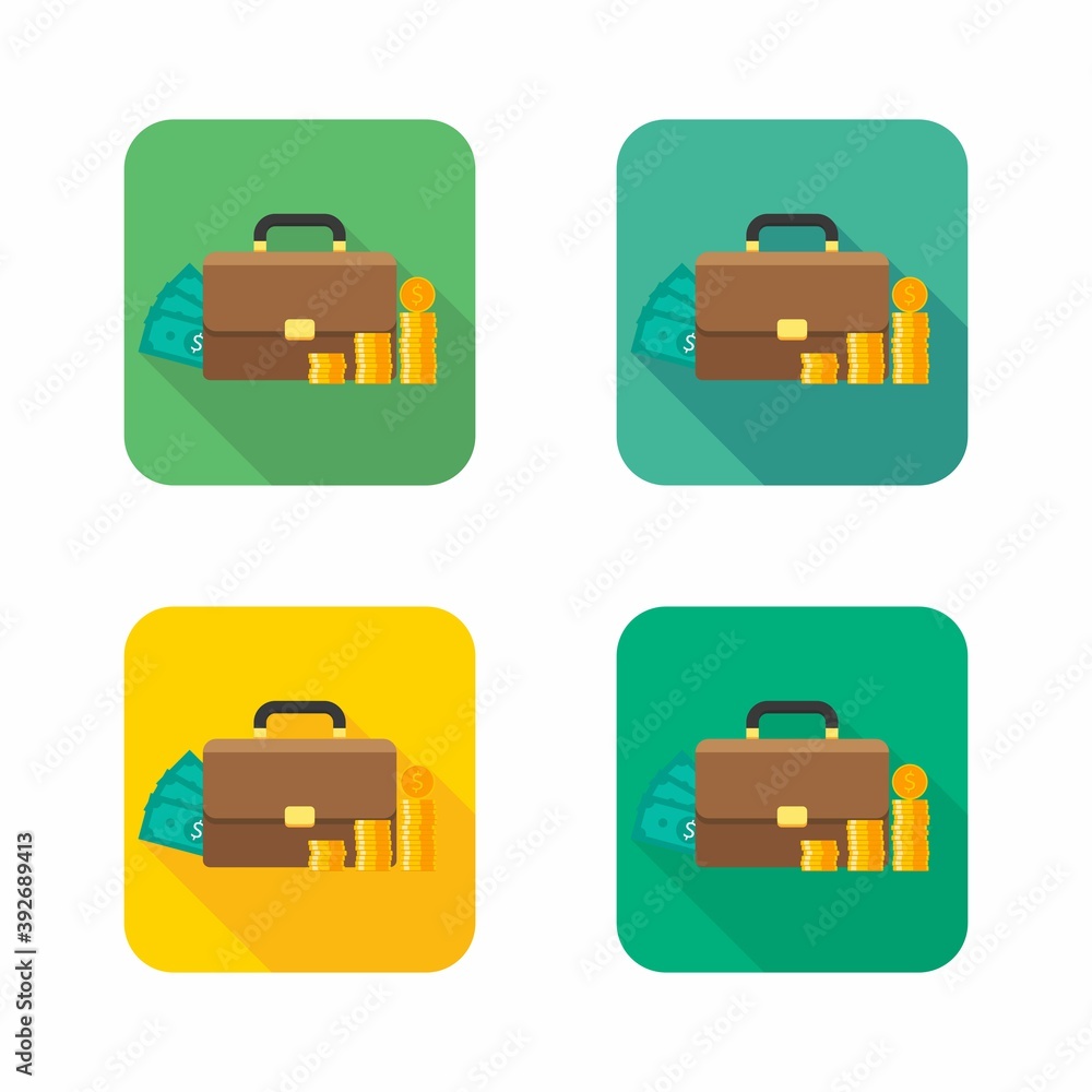 Briefcase, Dollar money cash icon, Gold coin stack icon vector isolated. Briefcase, Dollar money cash icon, Gold coin stack icon vector isolated.