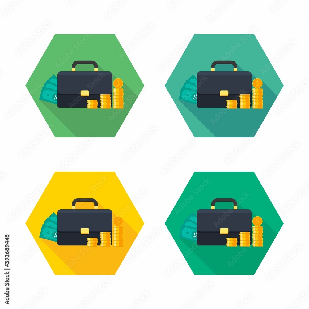 Briefcase, Dollar money cash icon, Gold coin stack icon vector isolated. Briefcase, Dollar money cash icon, Gold coin stack icon vector isolated.