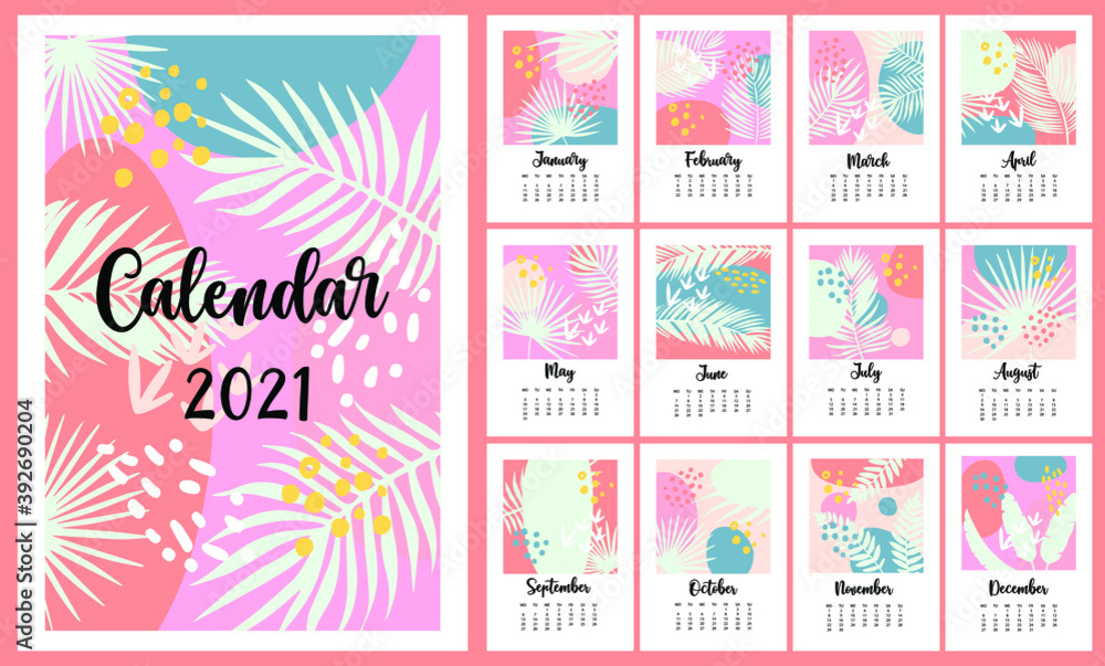 Calendar for 2021. Fashionable calendar in Scandinavian style. The modern planner. Tropical hand-drawn decorative Botanical elements, diary page design. Vector template.