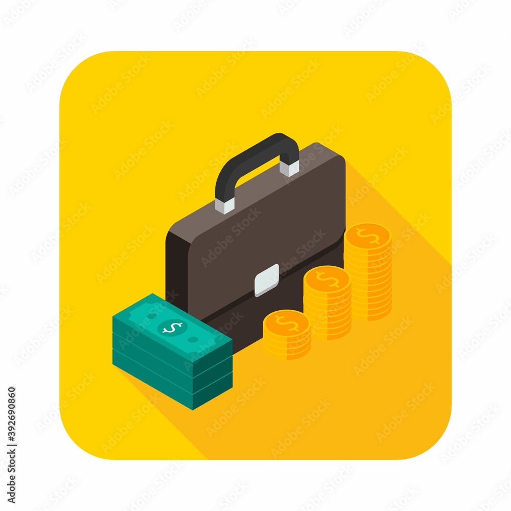 Briefcase, Dollar money cash icon, Gold coin stack right view icon vector isometric. Briefcase, Dollar money cash icon, Gold coin stack right view icon vector isometric.