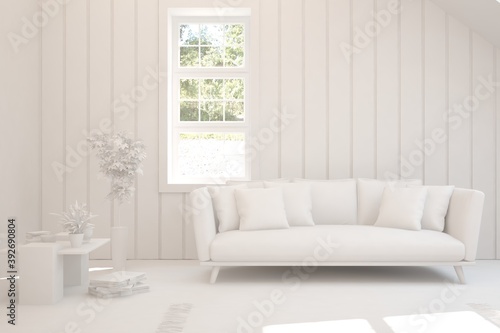 White living room with sofa and summer landscape in window. Scandinavian interior design. 3D illustration