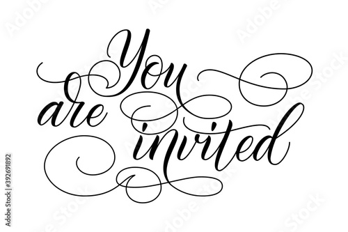Handwritten modern brush calligraphy You are Invited isolated on white for wedding invitation. Vector illustration.
