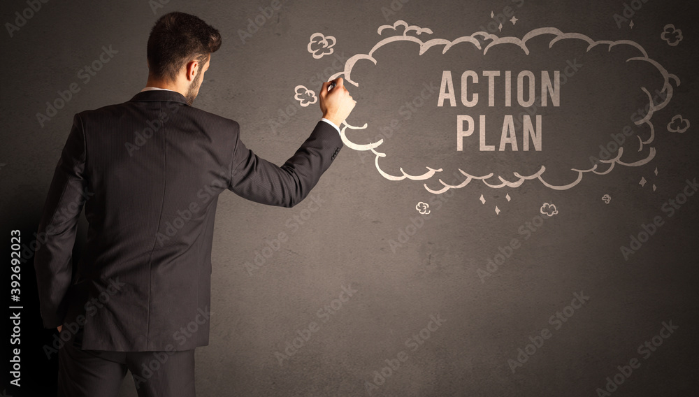 businessman drawing a cloud with ACTION PLAN inscription inside, modern business concept businessman drawing a cloud with ACTION PLAN inscription inside, modern business concept