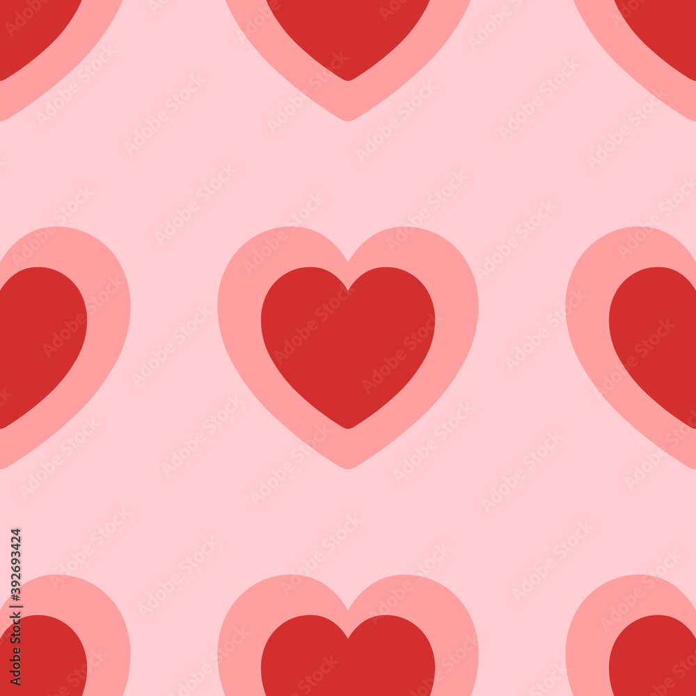 Seamless pattern of large isolated red hearts. The elements are evenly spaced. Vector illustration on light red background