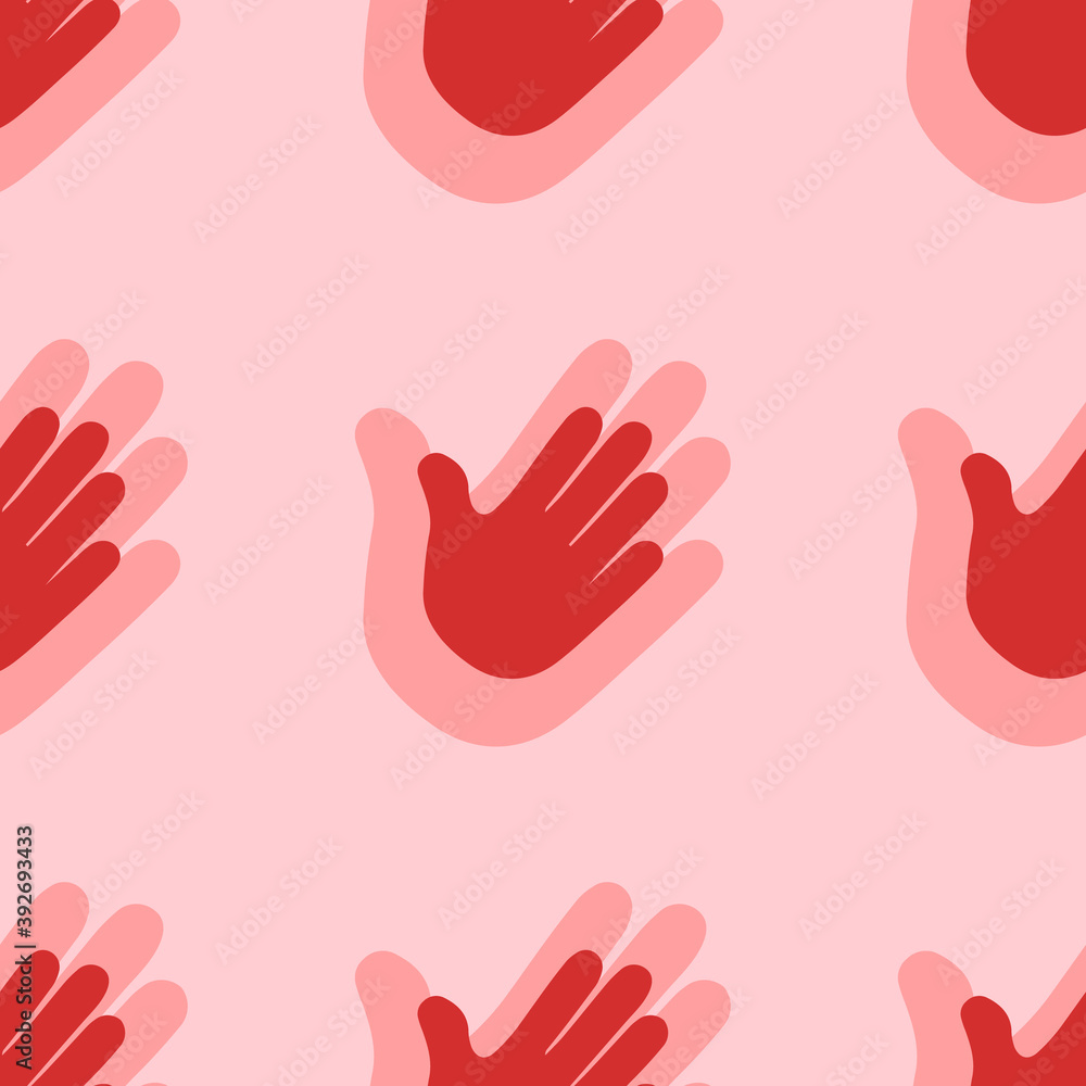 Seamless pattern of large isolated red hands. The elements are evenly spaced. Vector illustration on light red background