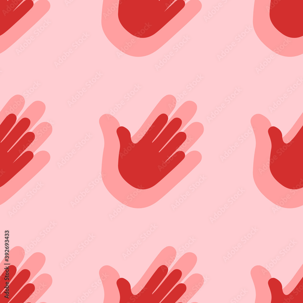 Seamless pattern of large isolated red hands. The elements are evenly spaced. Vector illustration on light red background Seamless pattern of large isolated red hands. The elements are evenly spaced. Vector illustration on light red background