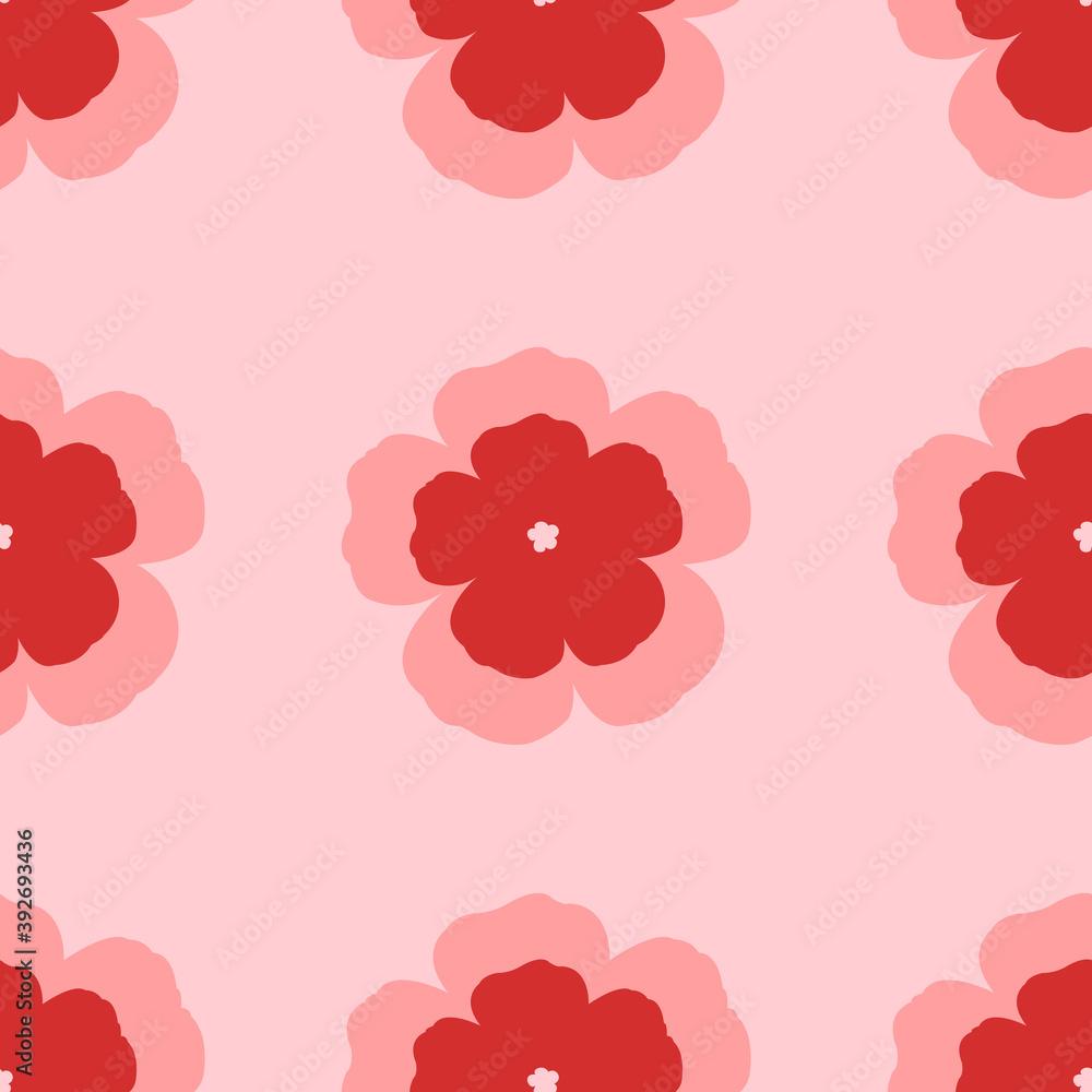 Seamless pattern of large isolated red geraniums. The elements are evenly spaced. Vector illustration on light red background