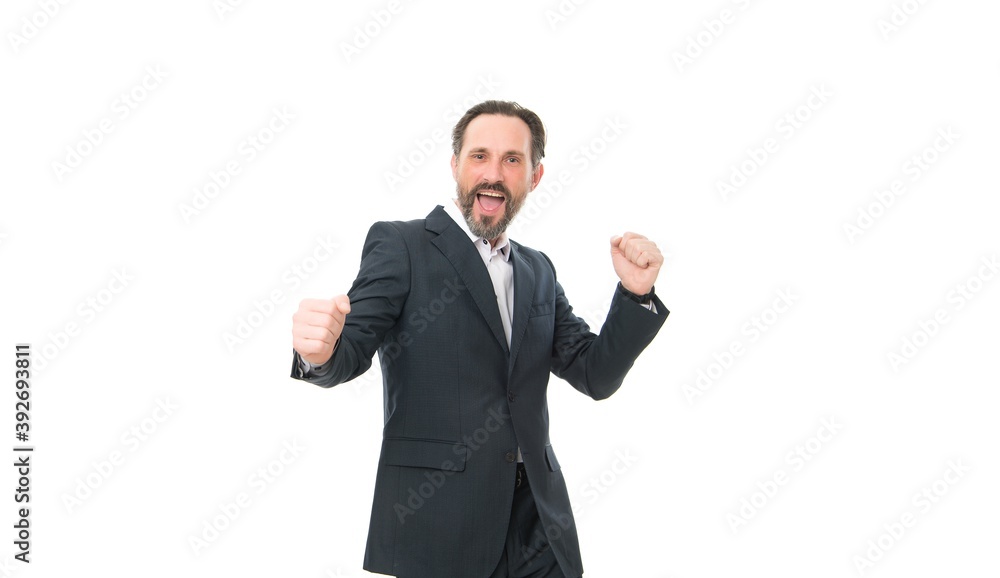 Yay me. Happy businessman isolated on white. Bearded man celebrate success. Celebration of contract. Happy celebration. Anniversary celebration. It calls for celebration, copy space Yay me. Happy businessman isolated on white. Bearded man celebrate success. Celebration of contract. Happy celebration. Anniversary celebration. It calls for celebration, copy space