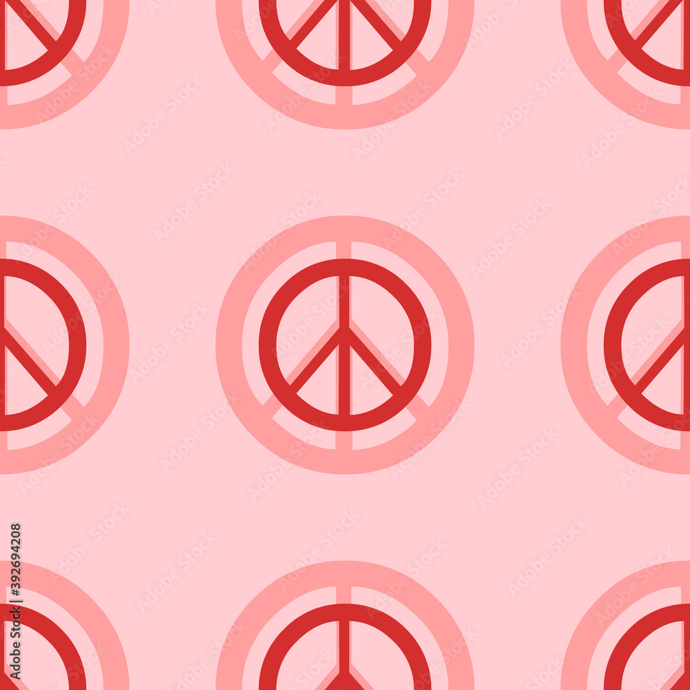 Seamless pattern of large isolated red peace symbols. The elements are evenly spaced. Vector illustration on light red background Seamless pattern of large isolated red peace symbols. The elements are evenly spaced. Vector illustration on light red background