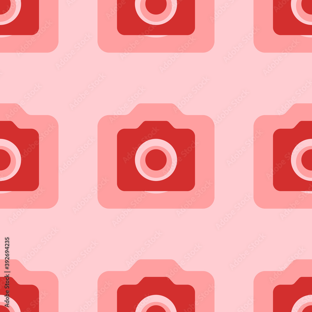 Seamless pattern of large isolated red photo camera symbols. The elements are evenly spaced. Vector illustration on light red background Seamless pattern of large isolated red photo camera symbols. The elements are evenly spaced. Vector illustration on light red background