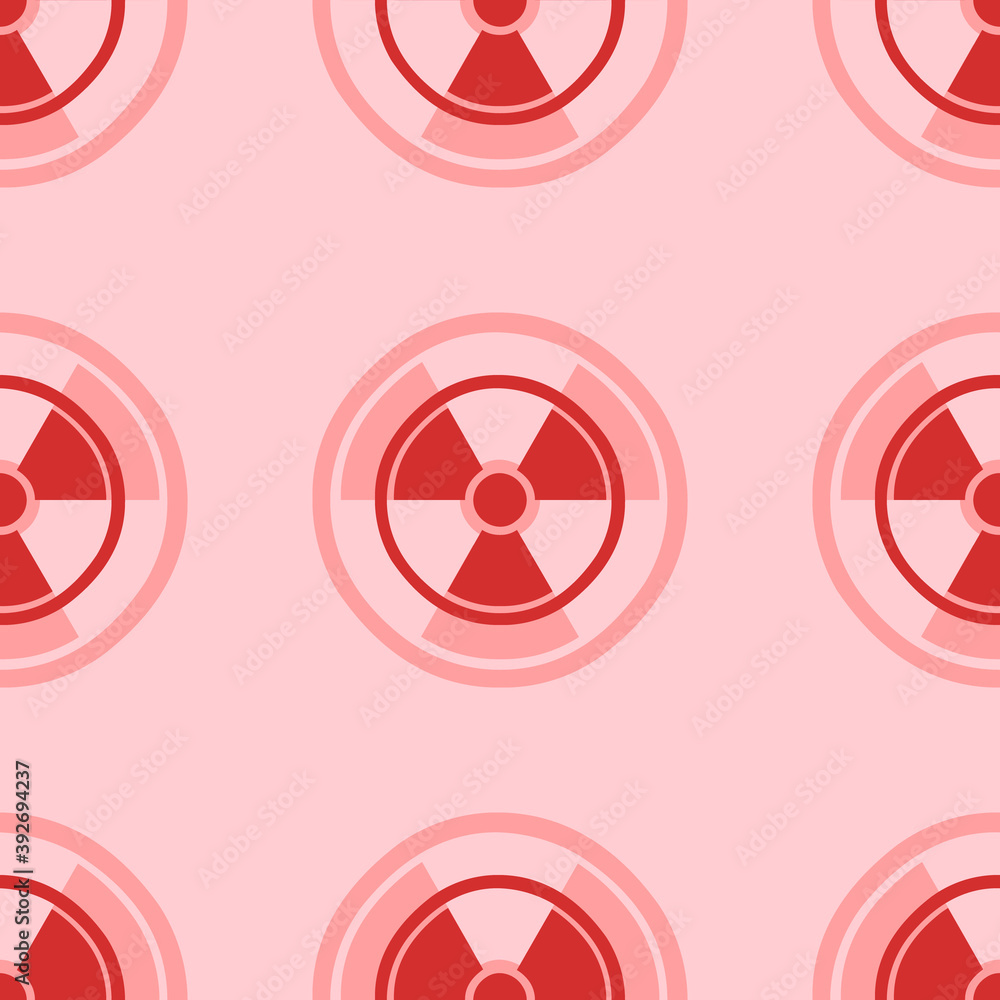Seamless pattern of large isolated red radiation symbols. The elements are evenly spaced. Vector illustration on light red background Seamless pattern of large isolated red radiation symbols. The elements are evenly spaced. Vector illustration on light red background