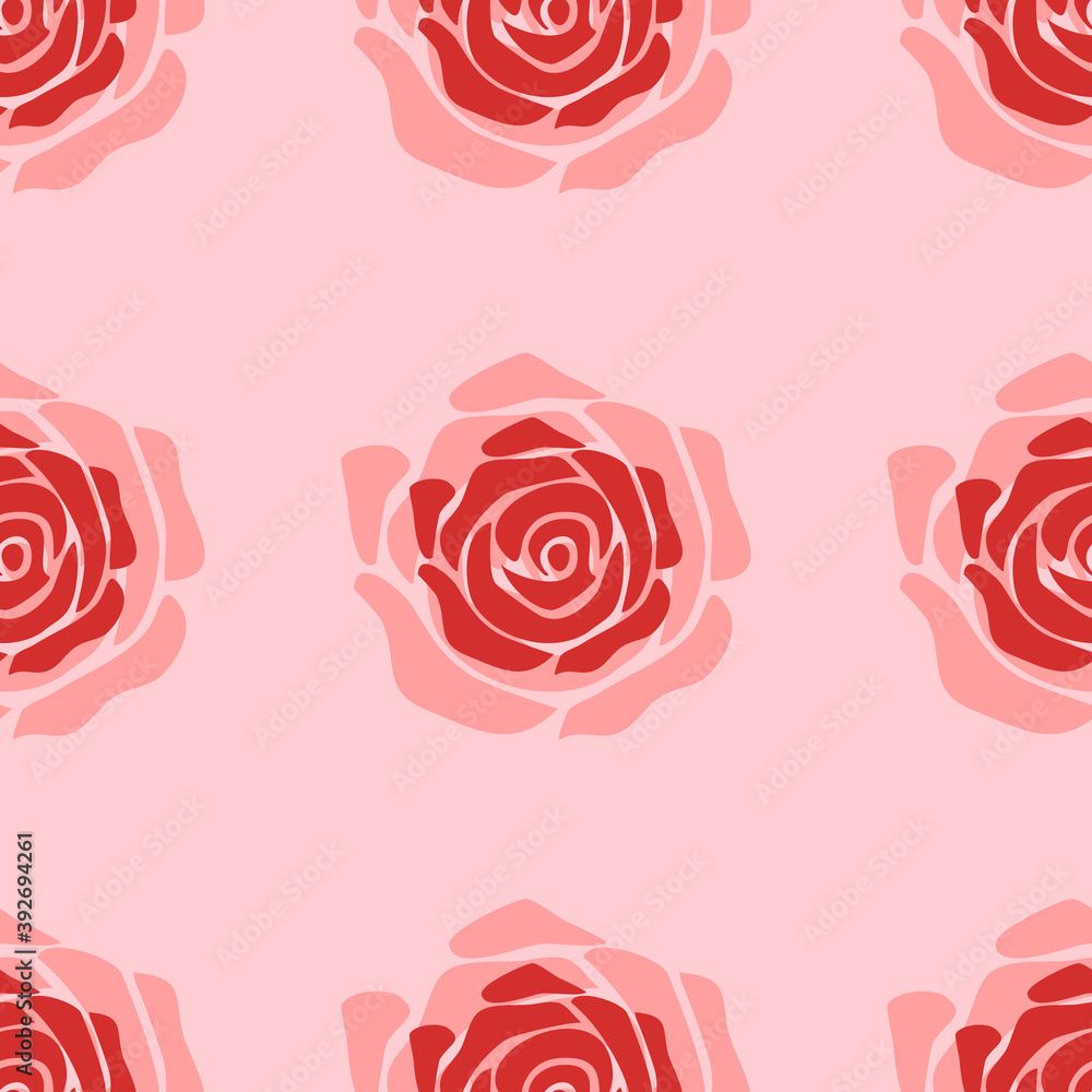 Seamless pattern of large isolated red roses. The elements are evenly spaced. Vector illustration on light red background