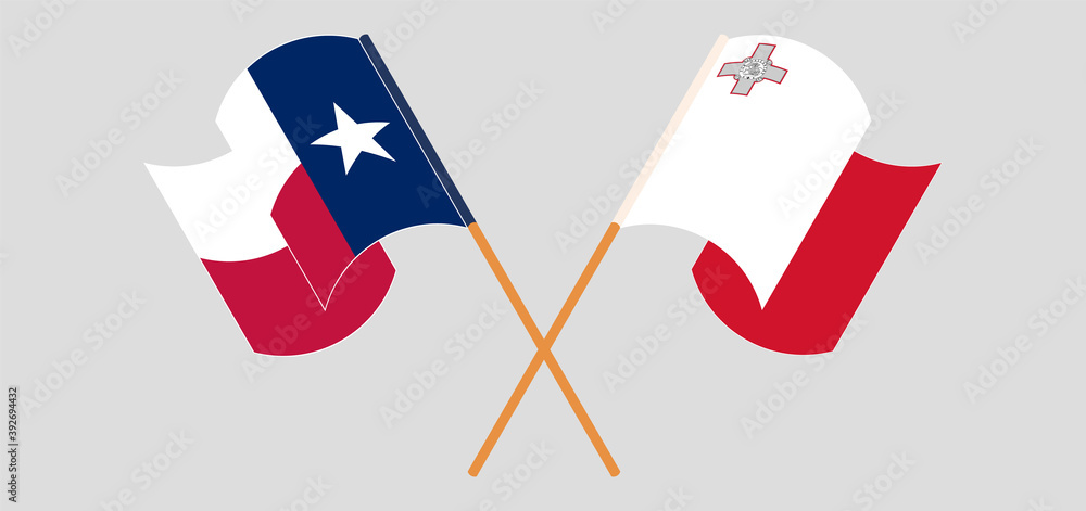 Crossed and waving flags of the State of Texas and Malta Crossed and waving flags of the State of Texas and Malta